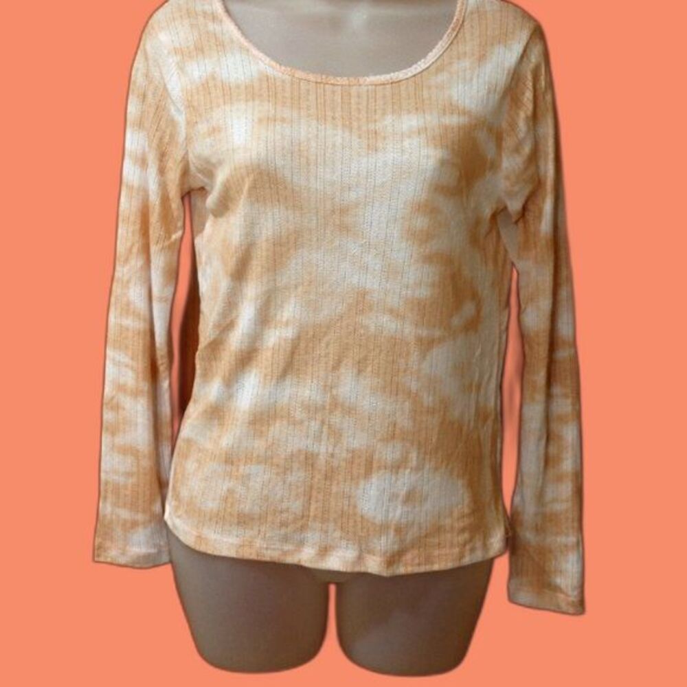 Poof Pastel Peach Tie Dye Long Sleeve Ribbed Textured Top Med